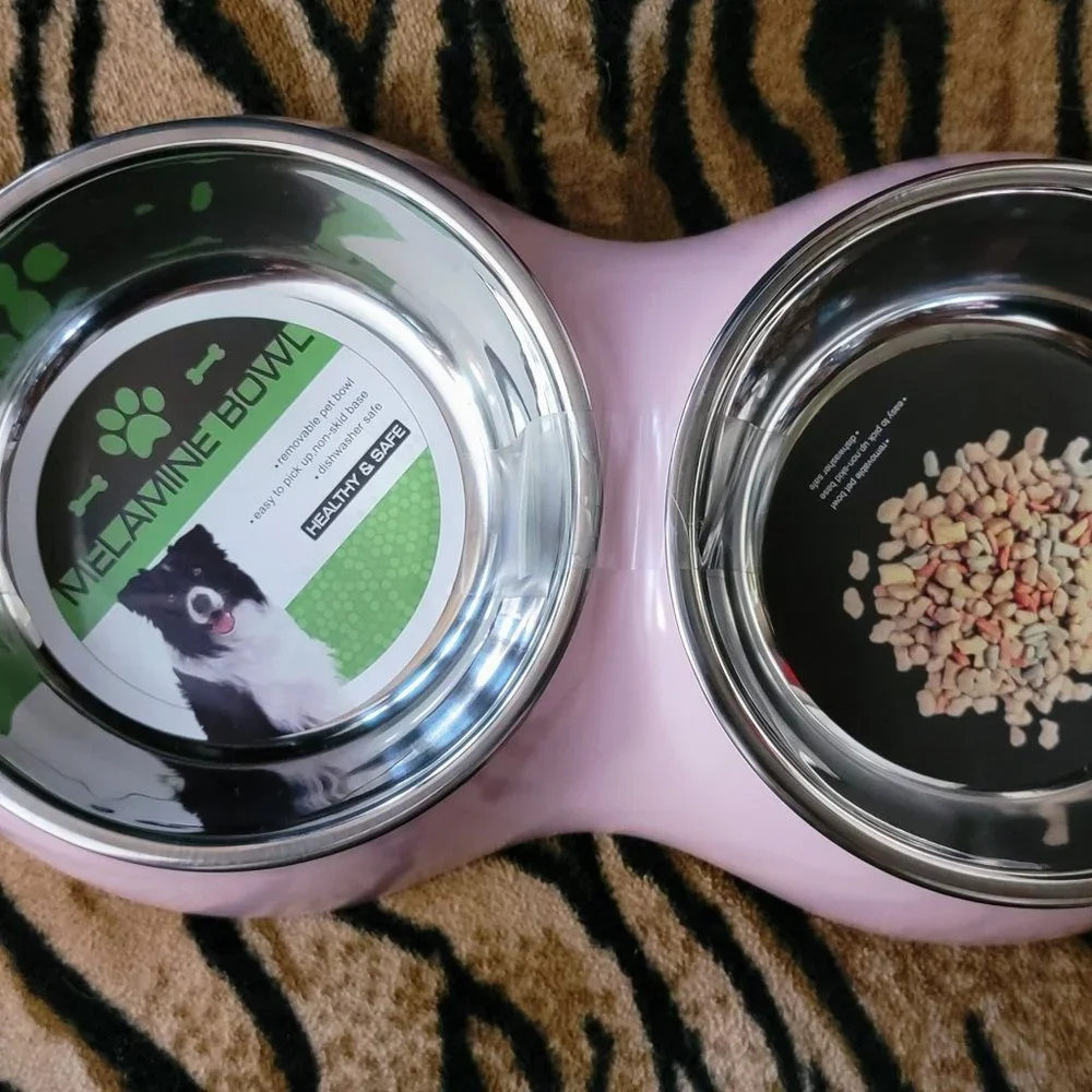 Pet Bowl Set Stainless Dishwasher Safe Pink Dog or Cat size med 14.5 fl oz.